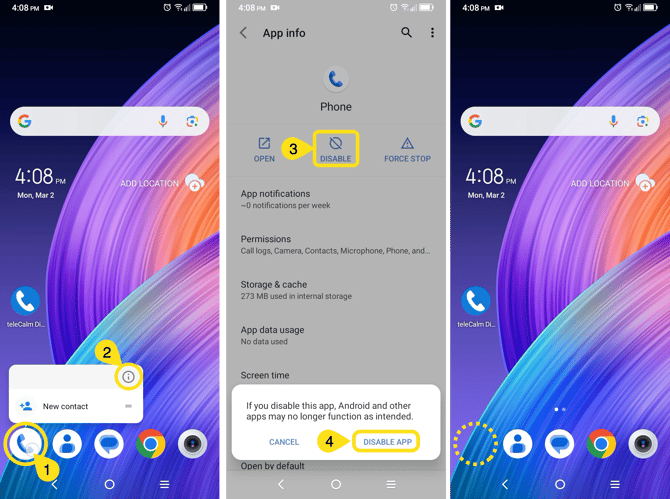 Steps to disable the native Android dialer